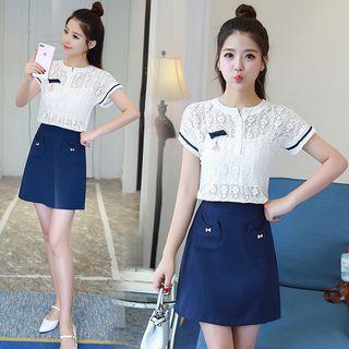Set: Short-sleeve Lace Top + Mini A-line Skirt