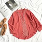 Lace V-neck Puff-sleeve Loose-fit Chiffon Top