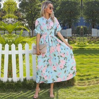 Short Sleeve Floral Print Ruffled-trim Midi Pleated Dress