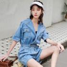 Elbow-sleeve Denim Open-collar Romper