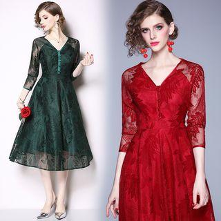 3/4-sleeve Midi Leaf Lace Dress