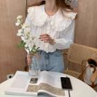 Long-sleeve Collared Ruffle Trim Lace Top White - One Size