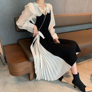 Sleeveless Contrast-trim Pleated-detail Dress Black - One Size