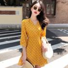 V-neck Dotted 3/4-sleeve A-line Dress