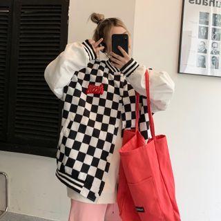 Letter Embroidered Checkered Bomber Jacket
