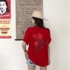 Elbow-sleeve Rose Print T-shirt Rose - Red - One Size