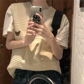 Short-sleeve Butterfly Knit Top Beige - One Size