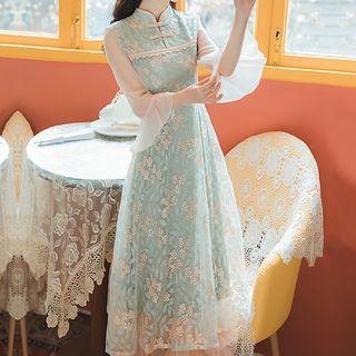 Mandarin Collar Floral Mesh Panel 3/4-sleeve Midi A-line Dress
