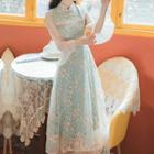 Mandarin Collar Floral Mesh Panel 3/4-sleeve Midi A-line Dress