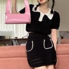 Short-sleeve Collar Pointelle Knit Crop Top / Mini Pencil Skirt