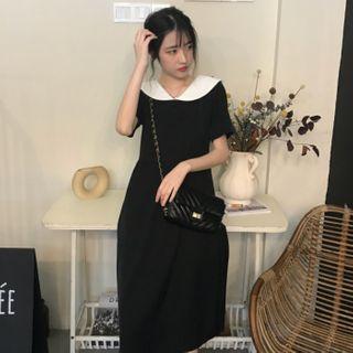 Short-sleeve Collared Midi A-line Dress As Shown In Figure - One Size