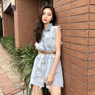 Fray-trim Denim Playsuit With Belt