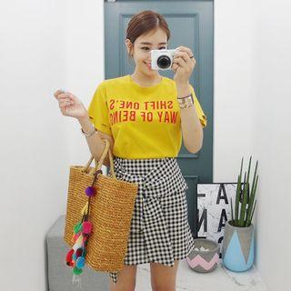 Set: Round-neck Printed T-shirt + Tie-front Gingham Mini Skirt