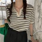 Short-sleeve Open-collar Striped Knit Top
