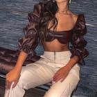 Puff-sleeve Faux Leather Crop Top