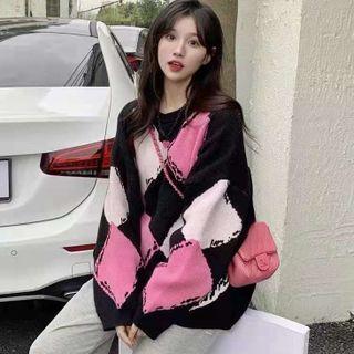 Long-sleeve Argyle Printed Knit Sweater