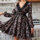 Long-sleeve Lace Trim Floral Print Mini A-line Dress