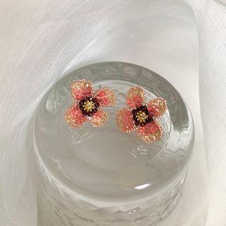 Faux Crystal Floral Ear Stud Pink & Gold - One Size