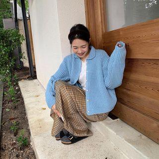 Faux Pearl Accent Cardigan Light Blue - One Size