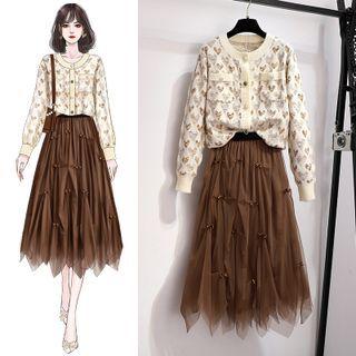 Heart Print Cardigan / Mesh Midi A-line Skirt / Set