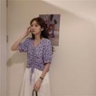 Flower Print Drawstring Short-sleeve Blouse As Shown In Figure - One Size