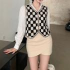 Plain Shirt / Checkered Button-up Sweater Vest