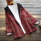 Plaid Snap-button Hooded Jacket