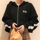 Letter Embroidered Pipe-trim Hoodie Black - One Size