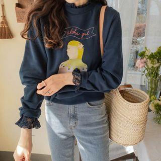 Lace-trim Illustrated Sweatshirt