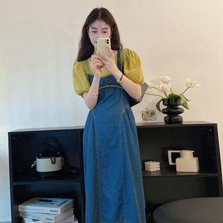 Puff-sleeve Top / Denim Midi Overall Dress