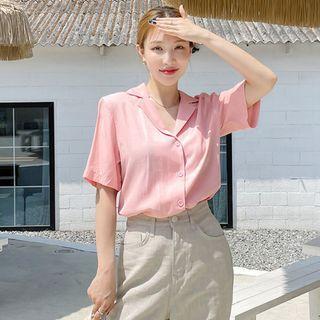 Plain Elbow-sleeve Notch-collar Shirt