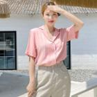 Plain Elbow-sleeve Notch-collar Shirt