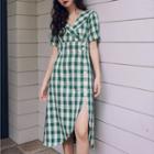 Short-sleeve Gingham Slit A-line Dress