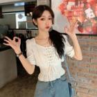 Short-sleeve Lace Up Shirred Top