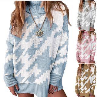 Mock-neck Houndstooth Print Oversized Sweater