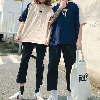 Couple Matching Elbow-sleeve Color Block Letter Hoodie / Sweatpants