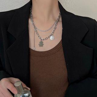 Bear Pendant Layered Chain Necklace 1 Pc - Silver - One Size