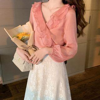 V-neck Ruffle Trim Blouse / Lace Midi A-line Skirt