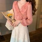 V-neck Ruffle Trim Blouse / Lace Midi A-line Skirt