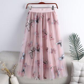 Embroidered Mesh Overlay Skirt