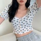 Floral Cropped Short-sleeve Top As Shown In Figure - One Size