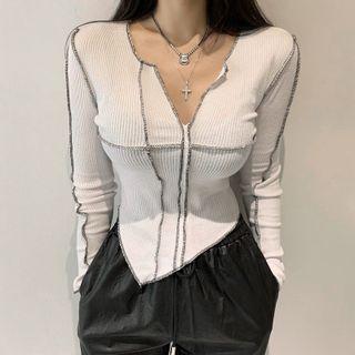 Contrast Long Sleeve Skinny V Neck Knit Top