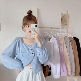 Long-sleeve Irregular Buttoned Crop Top