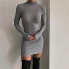 Plain Mock-neck Ribbed Long Sleeve Sheath Mini Dress