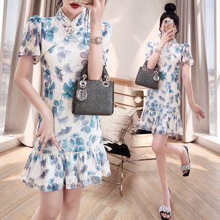 Short-sleeve Mandarin Collar Print Mini A-line Dress