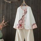 Ruffle Trim Floral Embroidered Frog-button Jacket