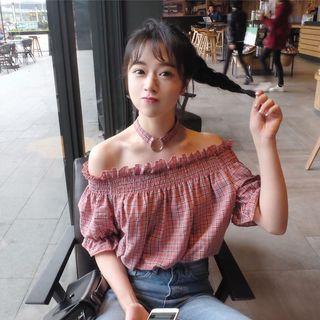 Halter Off-shoulder Short-sleeve Plaid Top