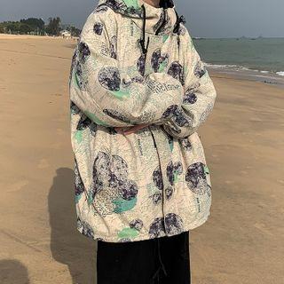 Map Print Hooded Zip Jacket