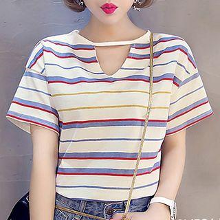 Keyhole Front Striped Short-sleeve T-shirt