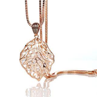 Rhinestone Cutout Leaf Pendant Long Necklace